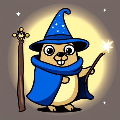 Go Blue Gopher with wizard hat, cape, magic wand, and amulet.