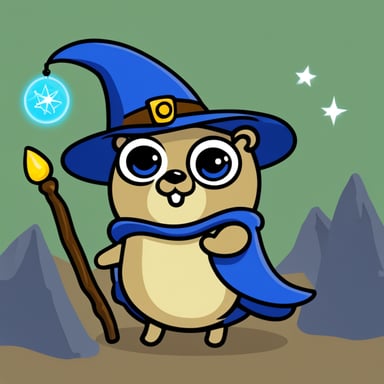 Go Blue Gopher with wizard hat, cape, magic wand, and amulet.