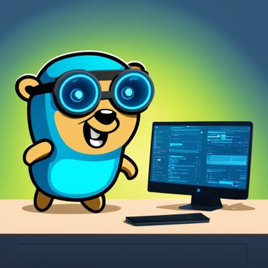 Go Blue Gopher is cheerfully coding in Golang at a desk with multiple monitors. With round eyes and buck teeth, Go Blue Gopher's curious expression mirrors the official Go programming mascot. The screens display Go code snippets, while floating UI elements and glowing gears around Go Blue Gopher symbolize automation and efficiency. Above, a neon 'utils' sign adds a futuristic touch to the modern, minimalistic workspace with a dark theme, perfect for a developer like Go Blue Gopher.