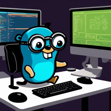Go Blue Gopher is cheerfully coding in Golang at a desk with multiple monitors. With round eyes and buck teeth, Go Blue Gopher's curious expression mirrors the official Go programming mascot. The screens display Go code snippets, while floating UI elements and glowing gears around Go Blue Gopher symbolize automation and efficiency. Above, a neon 'utils' sign adds a futuristic touch to the modern, minimalistic workspace with a dark theme, perfect for a developer like Go Blue Gopher.