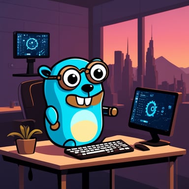 Go Blue Gopher is cheerfully coding in Golang at a desk with multiple monitors. With round eyes and buck teeth, Go Blue Gopher's curious expression mirrors the official Go programming mascot. The screens display Go code snippets, while floating UI elements and glowing gears around Go Blue Gopher symbolize automation and efficiency. Above, a neon 'utils' sign adds a futuristic touch to the modern, minimalistic workspace with a dark theme, perfect for a developer like Go Blue Gopher.