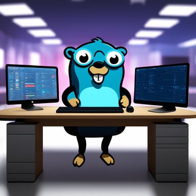 Go Blue Gopher is cheerfully coding in Golang at a desk with multiple monitors. With round eyes and buck teeth, Go Blue Gopher's curious expression mirrors the official Go programming mascot. The screens display Go code snippets, while floating UI elements and glowing gears around Go Blue Gopher symbolize automation and efficiency. Above, a neon 'utils' sign adds a futuristic touch to the modern, minimalistic workspace with a dark theme, perfect for a developer like Go Blue Gopher.