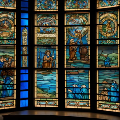 The stained glass windows depict various scenes featuring Go Blue Gopher, adding a unique and colorful touch to the setting.