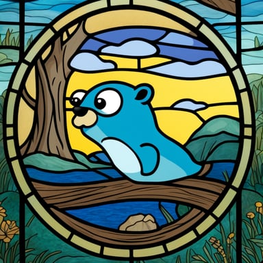The stained glass windows depict various scenes featuring Go Blue Gopher, adding a unique and colorful touch to the setting.