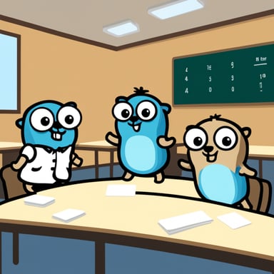 Go blue gopher working with 4 other gophers on 4 tables in 2D.