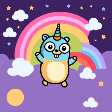 Go blue gopher wearing a rainbow unicorn pajama