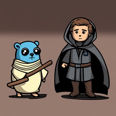 Please draw a scene inspired by go blue gopher as Anakin and another gopher as Palpatine during the famous conversation about Darth Plagueis. However, instead of the original characters, replace them with gophers taking their roles.