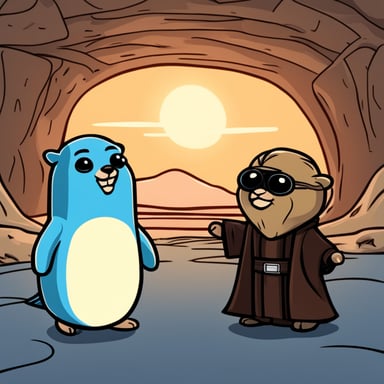 Please draw a scene inspired by go blue gopher as Anakin and another gopher as Palpatine during the famous conversation about Darth Plagueis. However, instead of the original characters, replace them with gophers taking their roles.