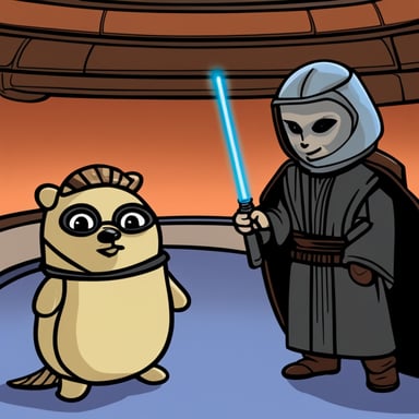 Please draw a scene inspired by go blue gopher as Anakin and another gopher as Palpatine during the famous conversation about Darth Plagueis. However, instead of the original characters, replace them with gophers taking their roles.