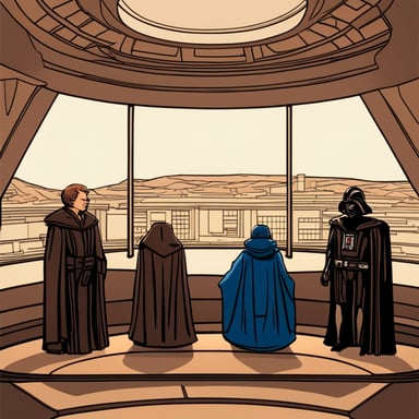 Please draw a scene inspired by Anakin and Palpatine during the iconic conversation about Darth Plagueis in Revenge of the Sith, but with a twist. Replace the characters with gophers in their respective roles, casting Go Blue Gopher as Anakin. The setting should resemble the elegant opera house balcony: dim ambient lighting, futuristic architecture, and a vast panoramic window showcasing distant flying vehicles and city lights. The gopher taking Palpatine's role should be seated slightly leaned back in a plush chair, gesturing subtly with one paw as if telling a dark secret. Go Blue Gopher, in the role of Anakin, should be sitting attentively, leaning forward with a tense expression. Capture the mysterious and ominous atmosphere of this pivotal moment.