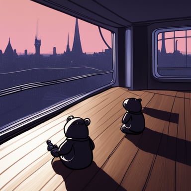 Please draw a scene inspired by Anakin and Palpatine during the iconic conversation about Darth Plagueis in Revenge of the Sith, but with a twist. Replace the characters with gophers in their respective roles, casting Go Blue Gopher as Anakin. The setting should resemble the elegant opera house balcony: dim ambient lighting, futuristic architecture, and a vast panoramic window showcasing distant flying vehicles and city lights. The gopher taking Palpatine's role should be seated slightly leaned back in a plush chair, gesturing subtly with one paw as if telling a dark secret. Go Blue Gopher, in the role of Anakin, should be sitting attentively, leaning forward with a tense expression. Capture the mysterious and ominous atmosphere of this pivotal moment.