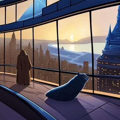 Please draw a scene inspired by Anakin and Palpatine during the iconic conversation about Darth Plagueis in Revenge of the Sith, but with a twist. Replace the characters with gophers in their respective roles, casting Go Blue Gopher as Anakin. The setting should resemble the elegant opera house balcony: dim ambient lighting, futuristic architecture, and a vast panoramic window showcasing distant flying vehicles and city lights. The gopher taking Palpatine's role should be seated slightly leaned back in a plush chair, gesturing subtly with one paw as if telling a dark secret. Go Blue Gopher, in the role of Anakin, should be sitting attentively, leaning forward with a tense expression. Capture the mysterious and ominous atmosphere of this pivotal moment.