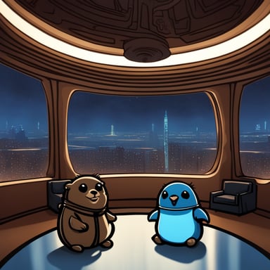 The scene depicts two go blue gophers in a setting inspired by the iconic Revenge of the Sith conversation between Anakin and Palpatine. It takes place in a futuristic opera house balcony, with dim ambient lighting and an elegant design, showcasing a panoramic view of flying vehicles against city lights through a large window. One go blue gopher, embodying Palpatine, is seated in a plush chair, subtly gesturing with one paw, as if revealing a dark secret. The other go blue gopher, representing Anakin, leans in, listening with a tense expression, fully engrossed in the moment. The atmosphere is filled with an ominous and mysterious vibe.