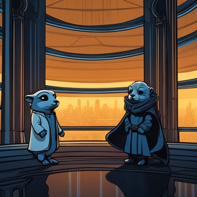 The scene depicts two go blue gophers in a setting inspired by the iconic Revenge of the Sith conversation between Anakin and Palpatine. It takes place in a futuristic opera house balcony, with dim ambient lighting and an elegant design, showcasing a panoramic view of flying vehicles against city lights through a large window. One go blue gopher, embodying Palpatine, is seated in a plush chair, subtly gesturing with one paw, as if revealing a dark secret. The other go blue gopher, representing Anakin, leans in, listening with a tense expression, fully engrossed in the moment. The atmosphere is filled with an ominous and mysterious vibe.