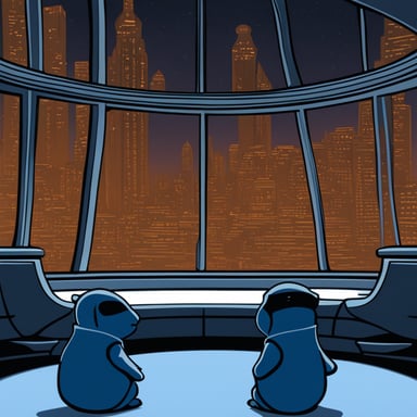 The scene depicts two go blue gophers in a setting inspired by the iconic Revenge of the Sith conversation between Anakin and Palpatine. It takes place in a futuristic opera house balcony, with dim ambient lighting and an elegant design, showcasing a panoramic view of flying vehicles against city lights through a large window. One go blue gopher, embodying Palpatine, is seated in a plush chair, subtly gesturing with one paw, as if revealing a dark secret. The other go blue gopher, representing Anakin, leans in, listening with a tense expression, fully engrossed in the moment. The atmosphere is filled with an ominous and mysterious vibe.