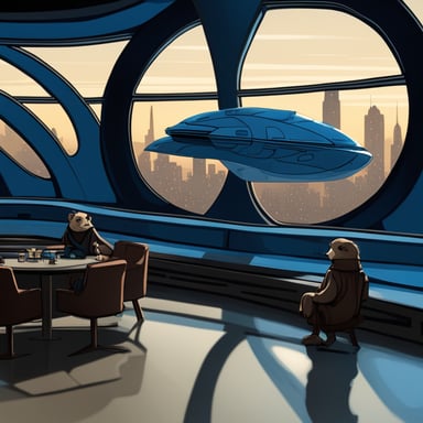 The scene depicts two go blue gophers in a setting inspired by the iconic Revenge of the Sith conversation between Anakin and Palpatine. It takes place in a futuristic opera house balcony, with dim ambient lighting and an elegant design, showcasing a panoramic view of flying vehicles against city lights through a large window. One go blue gopher, embodying Palpatine, is seated in a plush chair, subtly gesturing with one paw, as if revealing a dark secret. The other go blue gopher, representing Anakin, leans in, listening with a tense expression, fully engrossed in the moment. The atmosphere is filled with an ominous and mysterious vibe.