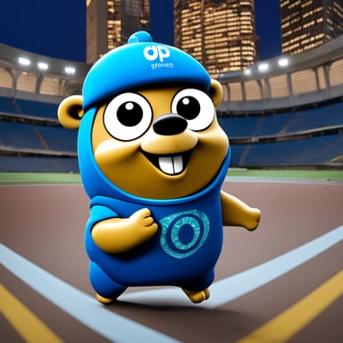 Happy Go Blue Gopher in Tokyo with the logo on its shirt about OPN.