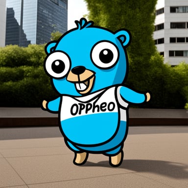 Happy Go Blue Gopher in Tokyo with the logo on its shirt about OPN.