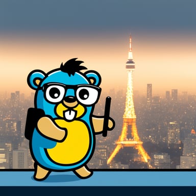 Go Blue Gopher as a nerd gopher with the Tokyo Tower background.