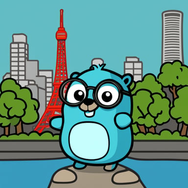 Go Blue Gopher as a nerd gopher with the Tokyo Tower background.