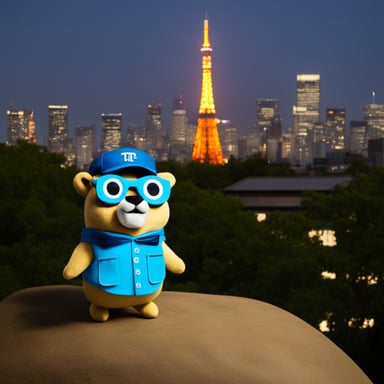 Go Blue Gopher as a nerd gopher with the Tokyo Tower background.
