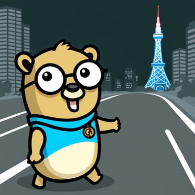 Go Blue Gopher as a nerd gopher with the Tokyo Tower background.