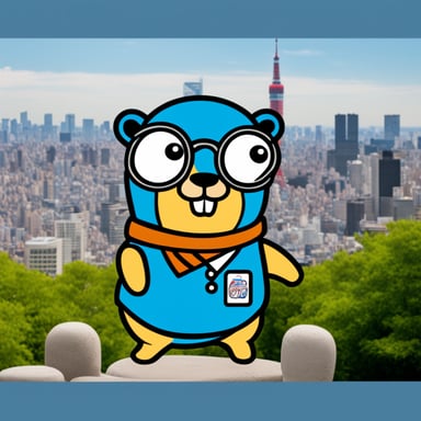 Go Blue Gopher as a nerd gopher with the Tokyo Tower background has OPN written on their shirt.