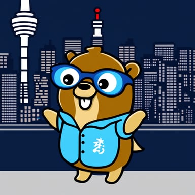 Go Blue Gopher as a nerd gopher with the Tokyo Tower background has OPN written on their shirt.