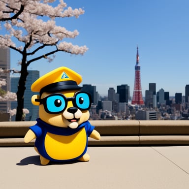 Go Blue Gopher as a nerd gopher with the Tokyo Tower background has OPN written on their shirt.