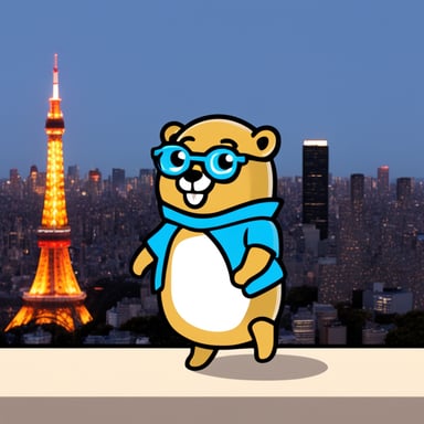 Go Blue Gopher as a nerd gopher with the Tokyo Tower background has OPN written on their shirt.