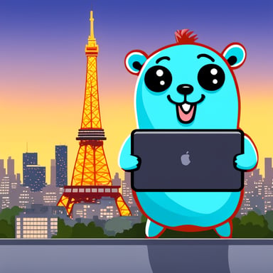 Happy go blue gopher with a word OPN on its belly, holding a computer stands next to the Tokyo Tower.