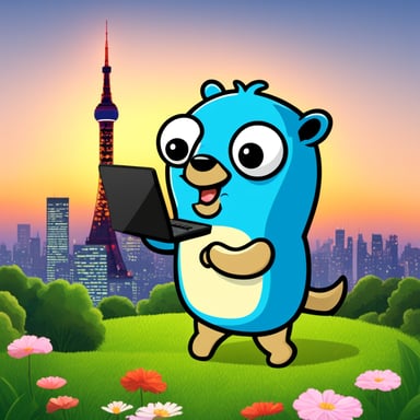 Happy go blue gopher with a word OPN on its belly, holding a computer stands next to the Tokyo Tower.