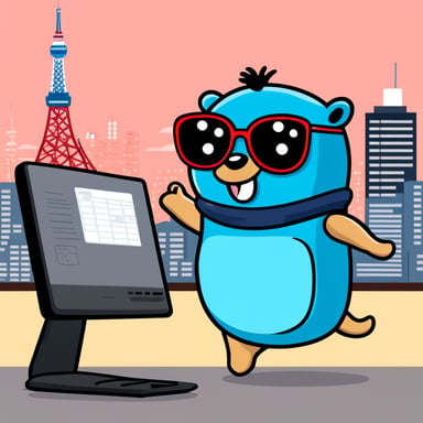 Happy go blue gopher with a word OPN on its belly, holding a computer stands next to the Tokyo Tower.