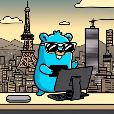 Happy go blue gopher with a word OPN on its belly, holding a computer stands next to the Tokyo Tower.