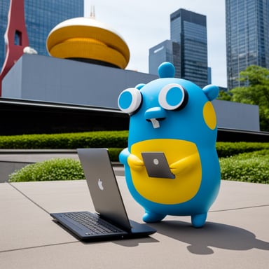 Go Blue Gopher, adorned with an Omise logo on its belly, holds a computer while standing next to the Tokyo Tower.