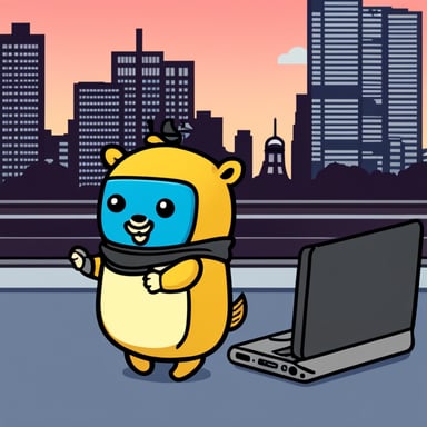 Go Blue Gopher, adorned with an Omise logo on its belly, holds a computer while standing next to the Tokyo Tower.