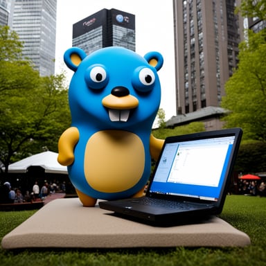 Go Blue Gopher, adorned with an Omise logo on its belly, holds a computer while standing next to the Tokyo Tower.
