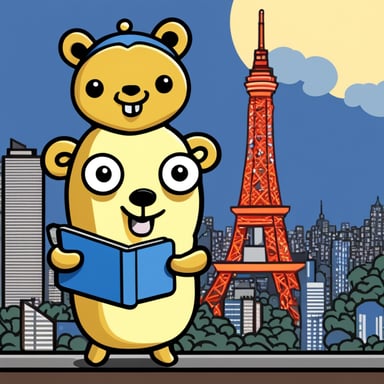 Go Blue Gopher, adorned with an Omise logo on its belly, holds a computer while standing next to the Tokyo Tower.