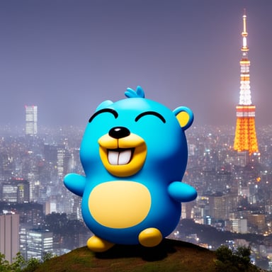 Happy go blue gopher with a OMISE logo on its belly, stands next to the Tokyo Tower.