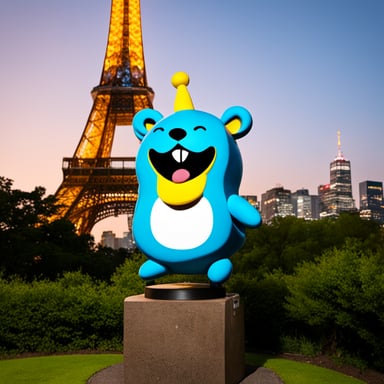 Happy go blue gopher with a OMISE logo on its belly, stands next to the Tokyo Tower.