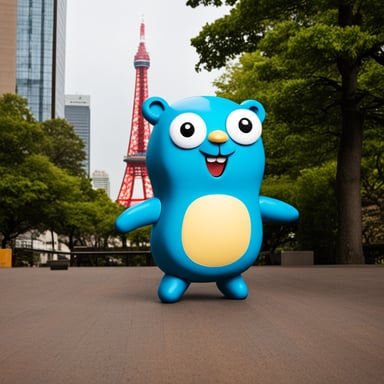 Happy go blue gopher with a OMISE logo on its belly, stands next to the Tokyo Tower.