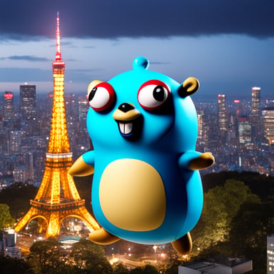 Happy go blue gopher with a OMISE logo on its belly, stands next to the Tokyo Tower.