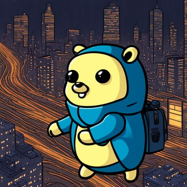A go blue gopher exploring a digital world, reminiscent of a cyberpunk cityscape.