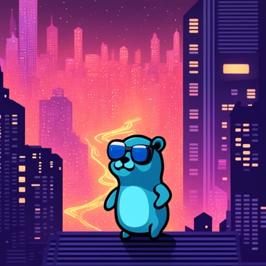 A go blue gopher exploring a digital world, reminiscent of a cyberpunk cityscape.