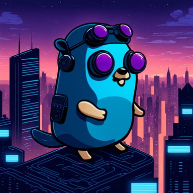 A go blue gopher exploring a digital world, reminiscent of a cyberpunk cityscape.
