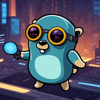 A go blue gopher exploring a digital world, reminiscent of a cyberpunk cityscape.