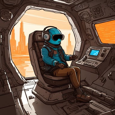 Go Blue Gopher explores a digital world in a 1-seater spacecraft, with an open cockpit reminiscent of a cyberpunk cityscape.