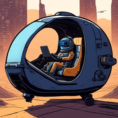 Go Blue Gopher explores a digital world in a 1-seater spacecraft, with an open cockpit reminiscent of a cyberpunk cityscape.