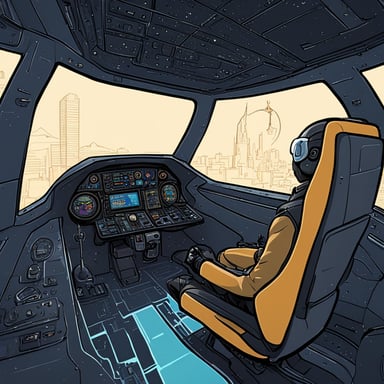 Go Blue Gopher explores a digital world in a 1-seater spacecraft, with an open cockpit reminiscent of a cyberpunk cityscape.