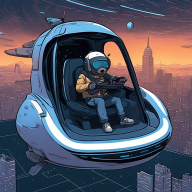 Go Blue Gopher explores a digital world in a 1-seater spacecraft, with an open cockpit reminiscent of a cyberpunk cityscape.